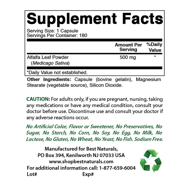 Best Naturals Alfalfa Green Super Food 500 mg 180 Capsules