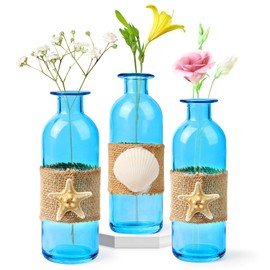 Shell Vase Set of 3 Blue Coastal Vase,Small Starfish Seashell Flower Glass Vases Handcrafted for Beachy Decor,Beach Wedding/Party Beach Home Decor (Blue)