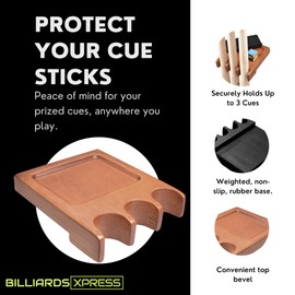 BILLIARDS XPRESS Pool Stick Holder, Portable Cue Stick Claw Rack Holds Cues Against Table, Bar or Chair – Weighted Solid Wood with Rounded Edges and Non-Slip Pad (Oak, 3 Cue Claw)