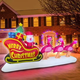 BLOWOUT FUN 10ft Long Inflatable Christmas Flamingo Pull The Sleigh Take Santa Claus Xmas Decoration, LED Blow Up Lighted Decor Indoor Outdoor Holiday Art Decor Decorations