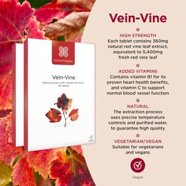 Healthspan Vein Vine Leg Vein Support 360mg – 180 Tablets | Red Vine Leaf Extract with Vitamins B1 & C | Supports Healthy Blood Flow & Vein Function | For Tired, Aching, and Heavy Legs | Vegan-Friendly Supplement