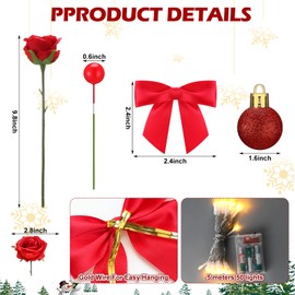 Duraaamo 133 Pcs Rose Christmas Tree Decoration Rose Decorations Set Include Faux Rose Artificial Berries Christmas Balls Ribbon Bows 16.4 ft 50 LED String Lights for Holiday Decor (Small)