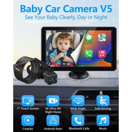 Faninso 7" HD Touchscreen Baby Car Camera - Car Baby Monitor with Apple CarPlay, 2K Ultra HD Night Vision, Invisible Infrared Lights, 150° Wide Angle, Easy Installation, Fits Most Cars