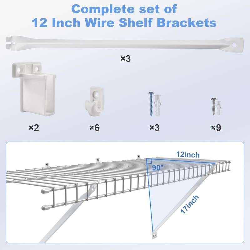 12 Inch Wire Shelf Brackets Set, 3 Pack Metal White