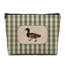 Dwept Farmhouse Mallard Duck Makeup Bag, Mallard Duck Gifts Cosmetic Bags for Women, Vintage Green Gingham Plaid Farm Animal Zipper Makeup Bag Pouch for Purse Travel Organizer