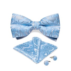 DiBanGu Silk Light Blue Paisley Pre-Tied Bow Tie Adjustable Bowtie with Pocket Square Cufflinks Formal for Wedding Party