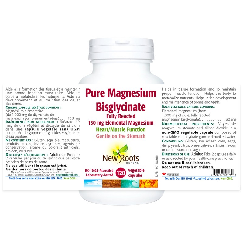 New Roots Herbal - Pure Magnesium Bisglycinate 130mg, 120 Capsules