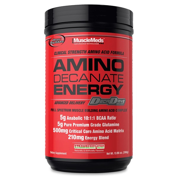 MuscleMeds Amino DECANATE Energy, Pre, Intra Workout Drink, Essential Amino Acids, BCAAs, High Leucine, Glutamine, Muscle Recovery, Strawberry Kiwi, 30 Servings