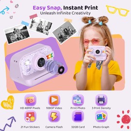 Instant Print Camera for Kids, Birthday Gifts for Girls and Boys Ages 3-12 - 1080P Video Camera for Kids, Gift Ideas for Boys Ages 3 4 5 6 7 8 9 10 11 12 - Girls' Gifts for Christmas/Holidays (Purple)