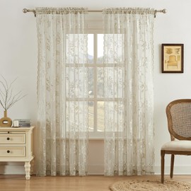 Khaki Lace Curtains 54 Inch Length 2 Panels Set Country Taupe Floral Curtains for Kitchen Bedroom Vintage Flower Sheer Curtain Rod Pocket Light Filtering Window Drapes Rustic Farmhouse Decor, 52x54