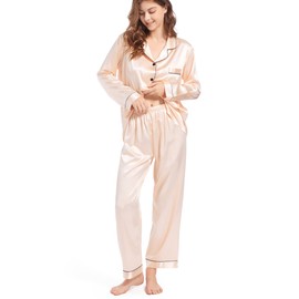 Finvizo Womens Silk Satin Pyjamas Set: Ladies Pajamas Long Sleeve Pj Set Two-piece Sleepwear Silky Button-down Nightwear Soft Loungewear Sets, XXL Champagne