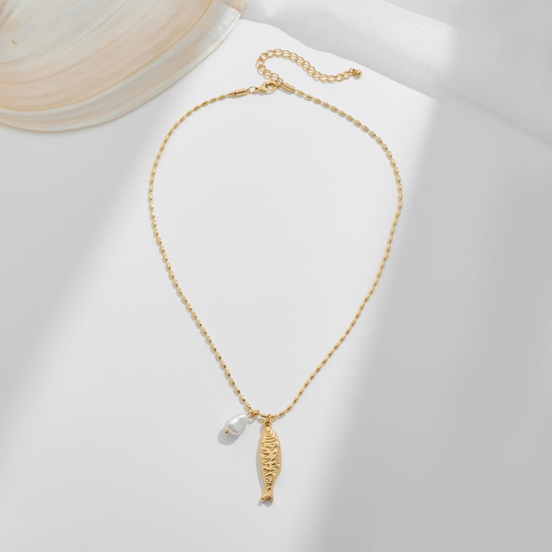 Gold Fish & Pearl Pendant Necklace Dainty Ocean Charm Chain