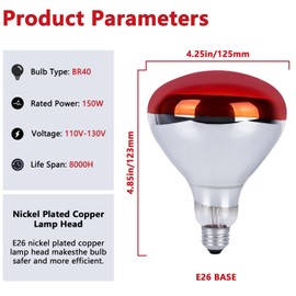 KOHEOPT 150W R40 Infrared Heat Lamp Bulb for Chicken Brooder, Pets, Reptiles, Bathroom & Sauna, E26 120V, 2000Hrs Red Light Therapy, 1-Pack