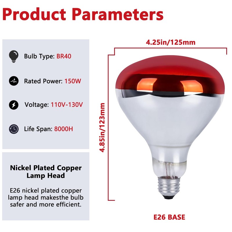 KOHEOPT 150W R40 Infrared Heat Lamp Bulb for Chicken Brooder,