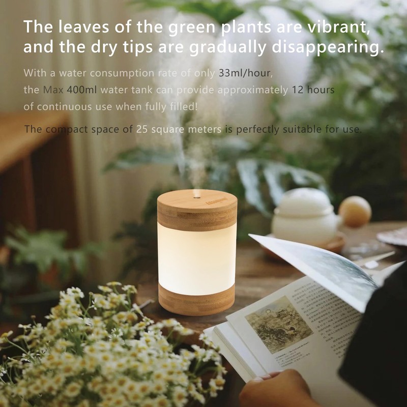 Bamboo Ultrasonic Mini Humidifier, 400ml Quiet Desktop Humidifier with Dual