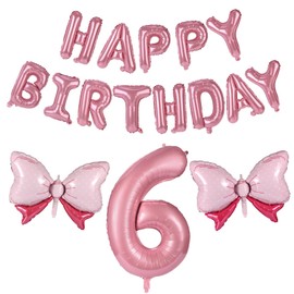 19pcs Bow Happy Birthday Number Balloons Set, Aluminum Foil Pink Jumbo Bow Letter Balloons Banner for Girl Birthday Party Princess Coquette Party Decoration Supply (Number 6)