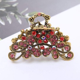 Retro Flowers Hair Claw Clip for Women Lady Vintage Alloy Rhinestone Hair Jaw Clips Hairpin Fancy Hair Clamp (Red)