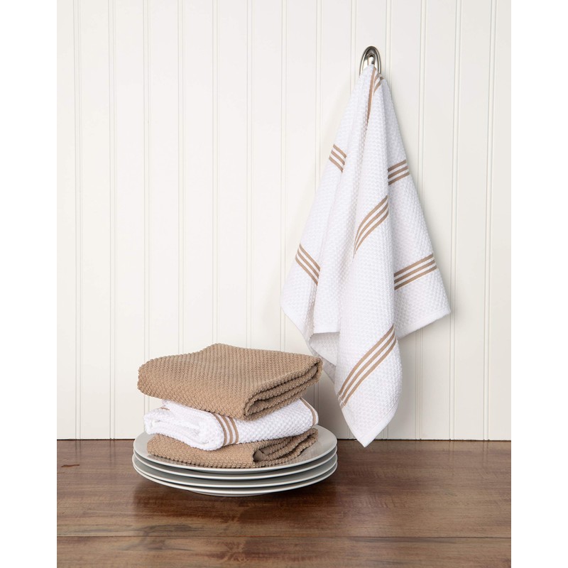 100% Cotton Terry Tea Towel - Tan Plain & Stripe