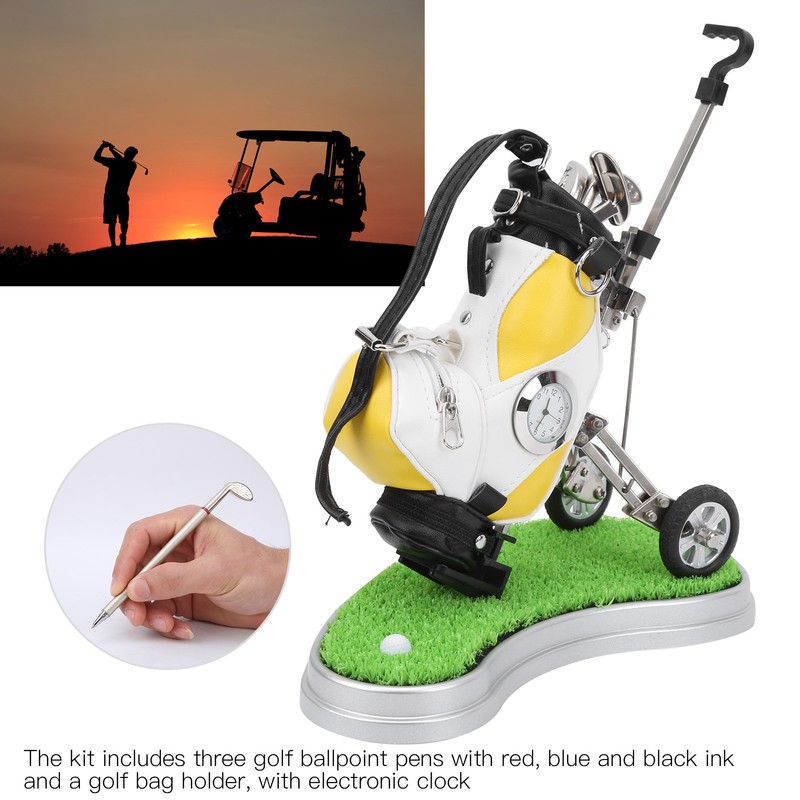 Mini Desktop Zinc Alloy Golf Bag Pen Holder with Lawn