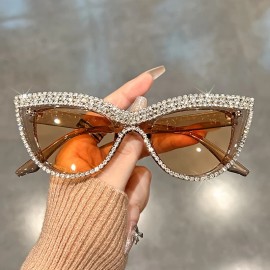 Fashionable Cat Eye Glasses for Women Adorned with Rhinestones, Featuring a Sparkling Composite Frame. Ideal for Proms, CostumeDesign: Champagne, Frame Material: Alloy