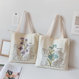 Jiamusi Floral Canvas Tote Bag Botanical Shopping Bag Aesthetic Flower Tote Bag Canvas Grocery Bag for Women Girl Trendy School Tote