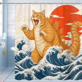 Funny Shower Curtain, Vintage Japanese Cat Art Anime Sunset Wave Shower Curtains for Bathroom, Animal Cat Japan Fabric Bathroom Decor, with Hooks 72x72 Inch