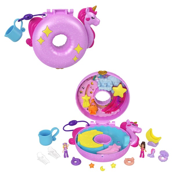 Polly Pocket Dolls and Playset, 12 Accessories, Unicorn Floatie Compact with Water Play and 2 Color-Change Pieces, HKV34