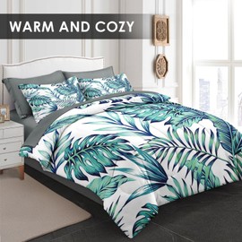 Pamnest Comforter Set Queen Size, Blue Beach Geometric 7 Pcs Bedding for Kids and Adults, Palm Leaf Floral Tree Bed Sheet Sets with Fitted Sheet 2 Pillowcases & 2 Shams for Bedroom Bed Decor