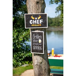 CULT at home 2-Piece Barbecue Gift for Men – Decorative Metal Sign with Saying "Grillen ohne Bier" [German Language] 19 x 30 cm – Grill Salt Grilled Herbs