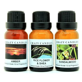 Crazy Candles 3 Bottle Set: 1 Amber, 1 Rice Flower & Shea, 1 Sandalwood 1/2 Fl Oz Each (15ml) Premium Grade Scented Fragrance Oil