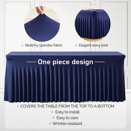 Party Talk 6 Pack Navy Blue Spandex Table Covers, 8FT x 30 Inch Rectangular, 2-in-1 Design with Table Skirt, Ideal for Weddings, Birthdays, Formal Events