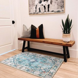 MUJOO Teal Area Rug Small Rugs Boho Machine Washable Rugs Non Slip for Entryway Kitchen Bathroom Bedroom Vintage Soft Low-Pile 2'x3' Blue Flowers Colorful