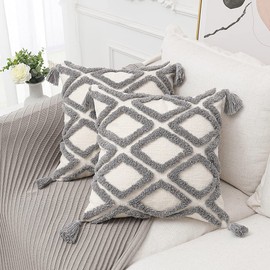 PLWORLD Boho Gray Throw Pillow Cover 20x20 Inch with Tassels, Grey Moroccan Tufted Decorative Cream Chenille Fabric Accent Textured Cushion Case for Bed Couch, 1 PC Cover Only No Insert