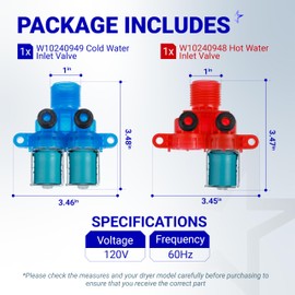 BlueStars W10240948 MVWX655DW1 Washer Hot Water Inlet Valve W10240949 Cold Water Inlet Valve - Compatible with Whirlpool Maytag Front Load Washers - Replaces 33390115 33390116 AP6327638 AP6285450