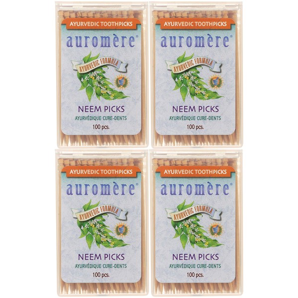 Auromere Ayurvedic Neem Toothpicks - Vegan, Natural, Non GMO, Made from Birchwood (100 Count), 4 Pack