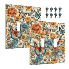 Wmhusu Decorative Light Switch Cover Vintage Colorful Floral Butterfly Flowers 2 Gang Wall Plate Double Toggle Switch Plate Receptacle Electrical Outlet Cover Switchplate for Bathroom Bedroom（2 Pack）