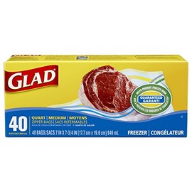Glad Zipper Freezer Storage Plastic Bags, Quart, 40 Count (Packaging May Vary)