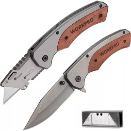 WORKPRO Folding Utility Knife & EDC Pocket Knife Wood Handle w/10PC SK5 Blades