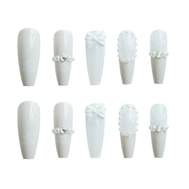 24PCS with Nail Glue Press On Nails, Stick On Nails for Women Girls, Short Long Almond Square Ballet Shape Fake Nails (Milk Grey Bow Pearl)
