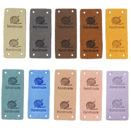 50 Pcs Faux Leather Label Handmade Tag Label Folding Handmade Tags Button with Holes Embossed Tag Embellishment Knit DIY for Jeans Bags Shoes Hat Crafts, Knitting and Crocheting(Yarnball, 10 Colors)