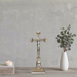 Grace4Joy Crucifix Stand, 12.5 Inches Standing Crucifix Catholic Table Altar Decor, Hand Painted Jesus Cross with Ornate Base Antique Home Deocr