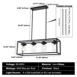 Pretoy Black Kitchen Light Fixture,Black Farmhouse Chandeliers for Dining Room,Rustic Rectangle Linear Pendant Ceiling Light with Clear Glass Shade