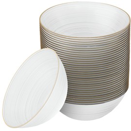 PLASTICPRO 32 Pieces Crystal Design Plastic Bowls 16 ounce Gold Rim Elegant Disposable Plates, Pearl White