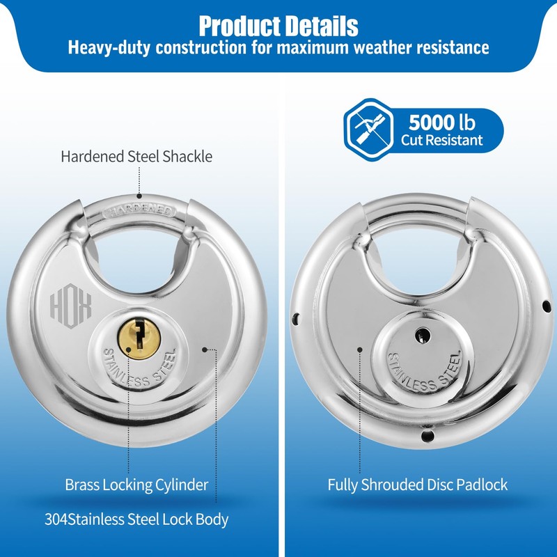 HOX Keyed Disc Padlock, Stainless Steel Keyed-Alike Padlocks, 4-Pack Heavy