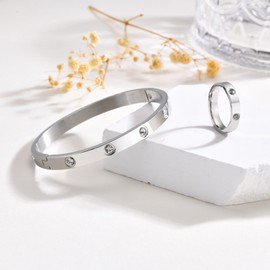 RIXERKOC Gold Rings Bracelets for Women 18K Gold Plated Love Friendship Bracelet Cubic Zirconia Bangle with Ring Stainless Steel Jewellery Set Wedding Band Jewellery, Stainless Steel, Cubic Zirconia