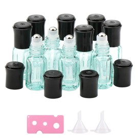 Paquete de 10 botellas vacías de aceite esencial de 3 ml, botellas de vidrio octogonales de color azul claro, mini botellas de vidrio enrollables portátiles con bola de rodillo de acero inoxidable y tapa negra, frasco de contenedor de cosméticos de viaje