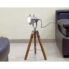 Chrome Searchlight Nautical Designer Spot Light Table Lamp W/Natural Tripod Base Home & Office Decor