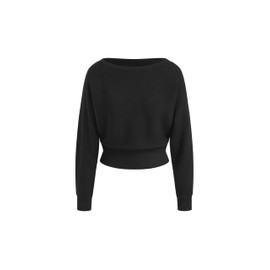 CIDER Asymmetrical Neck Solid Crop Long Sleeve Top: Black, XL