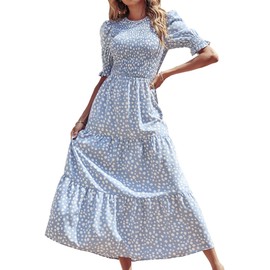 BTFBM Women Casual Summer Dresses 2024 Spring Crew Neck Ruffle Short Sleeve Floral Print Smocked Boho Flowy Maxi Dress(Dot Blue White, Large)