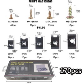 Pack of 170 Thread Clip Nut Set, Sheet Metal Nuts Assortment, Sheet Metal Nuts, Body, Body Screws, U-Type Metal Clip Nuts